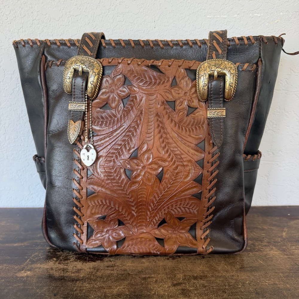 Vintage American West Hand-Tooled Two-Tone Leather Buckle Shoulder Tote Bag